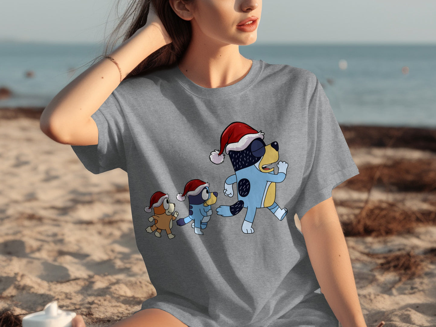Santa Hat Cartoon Dogs Beach Summer Holiday T-shirt