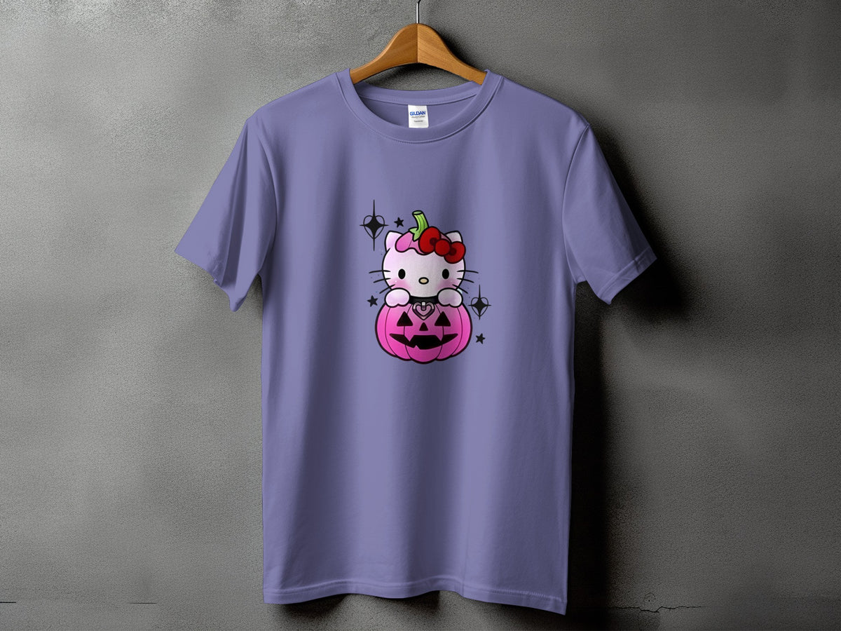 Purple t-shirt with Hello Kitty sitting in a pink jack-o'-lantern.