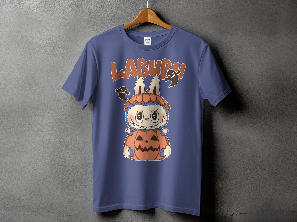 Purple t-shirt with "LABURM" text and a character in a pumpkin costume.