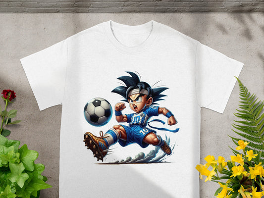 Goku character in soccer uniform kicking a ball, front of white t-shirt.
