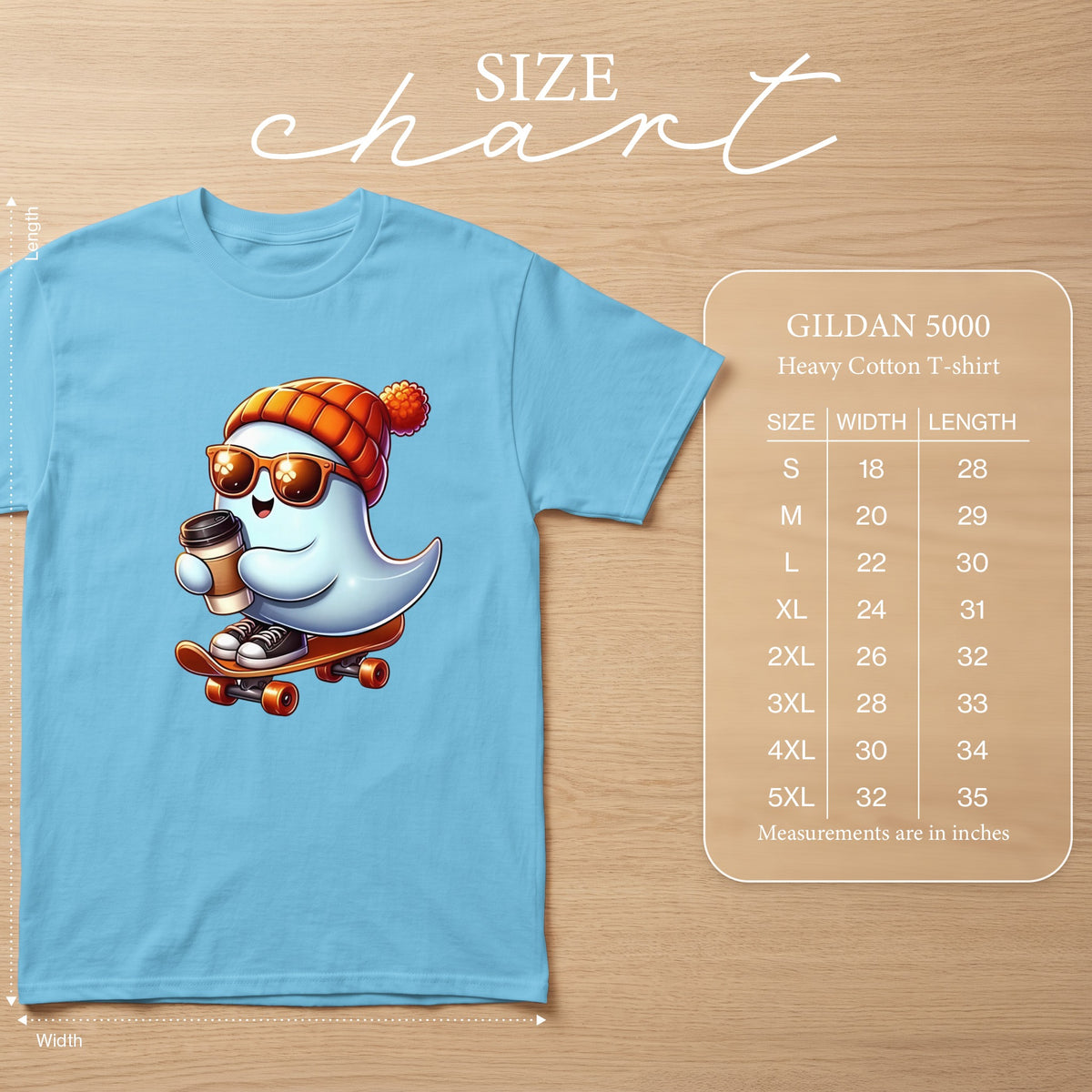Light blue Gildan 5000 heavy cotton t-shirt with ghost graphic and size chart.