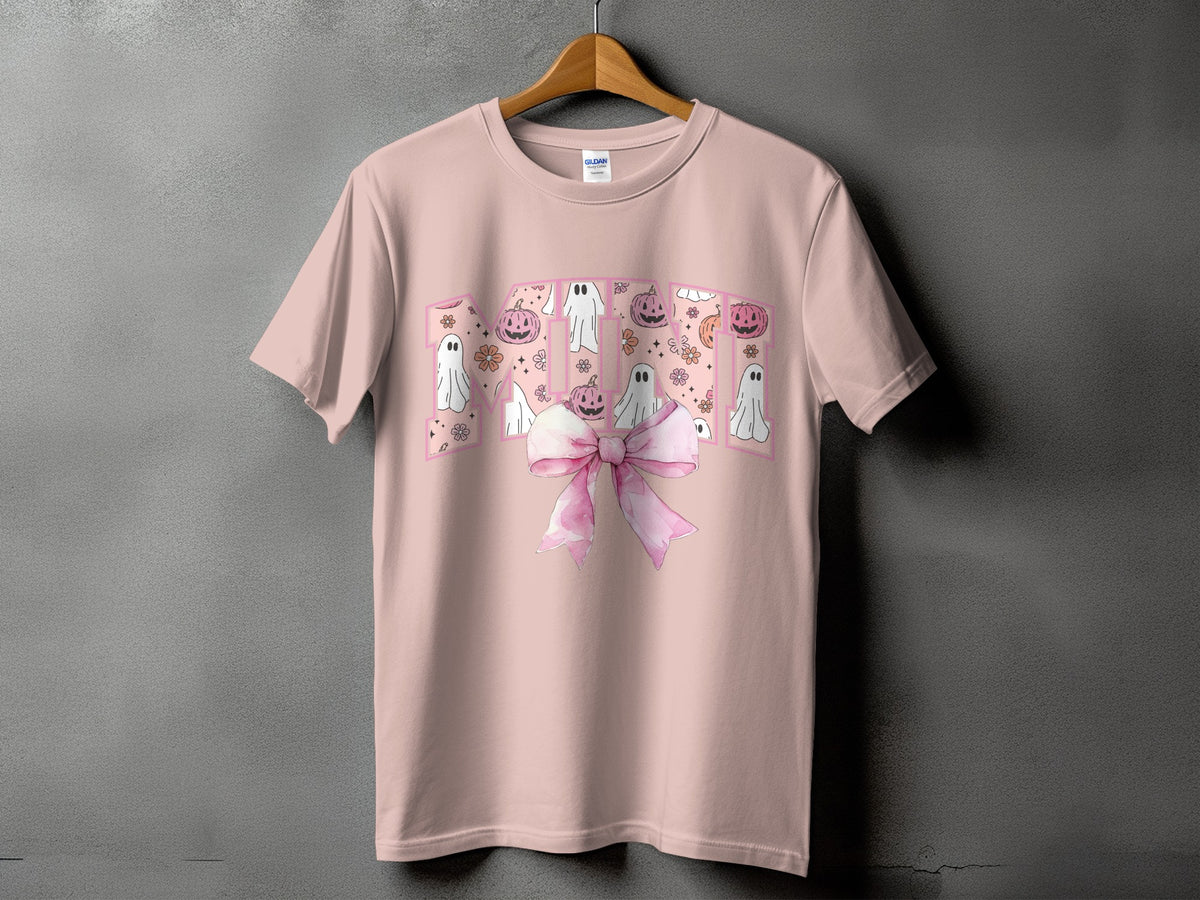 Pink t-shirt with "Mama" text and Halloween ghosts, pumpkins, and flowers design.