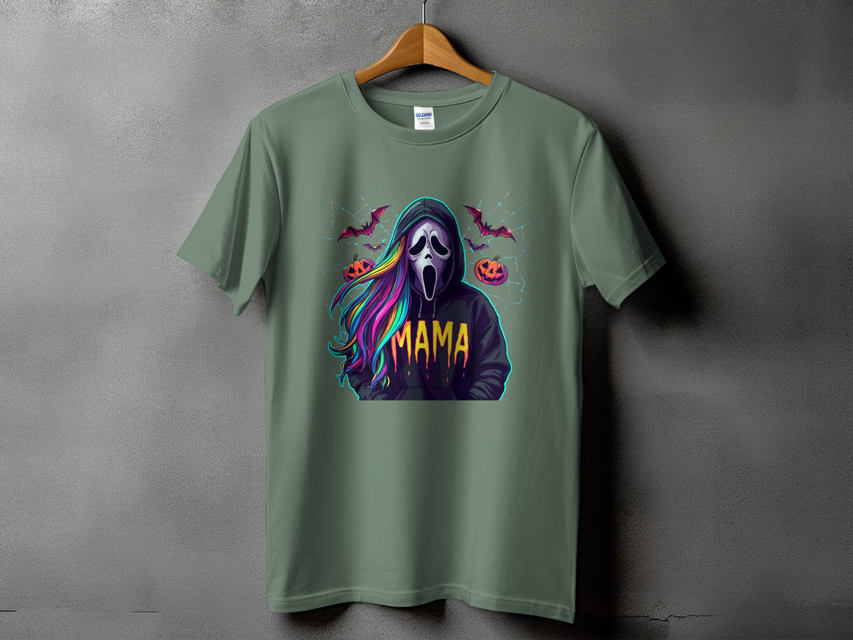 Green t-shirt with a ghost mask, rainbow hair, and "MAMA" text.