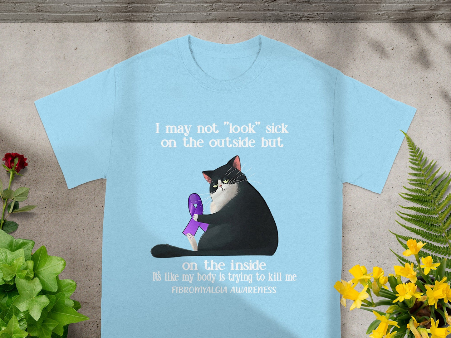 Fibromyalgia Awareness Cat Holding Ribbon T-shirt