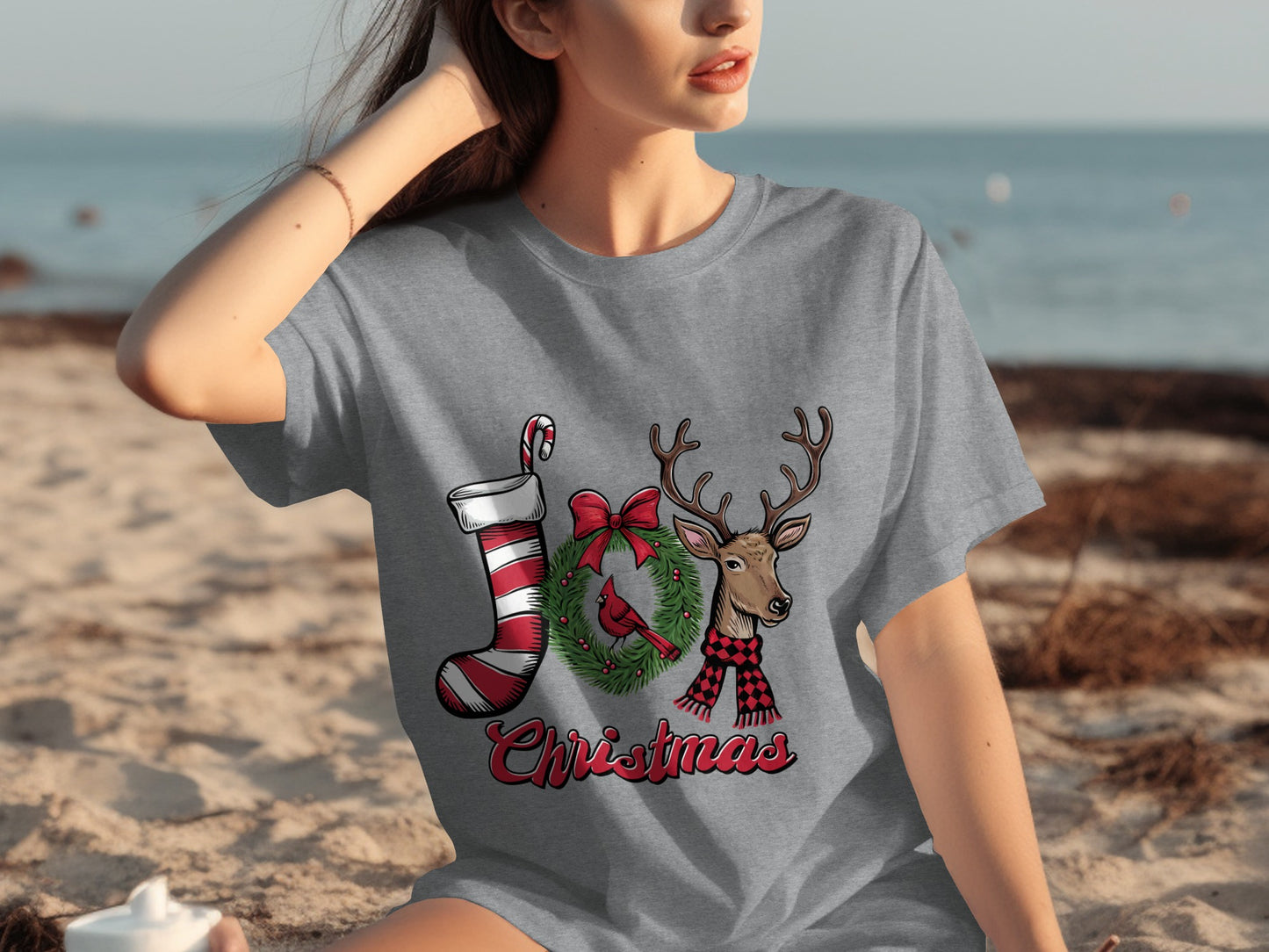 Festive Christmas Graphic Tee with Deer and Stocking Design