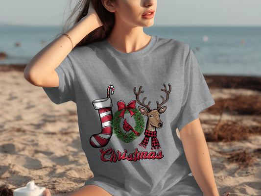 Festive Christmas Graphic Tee with Deer and Stocking Design