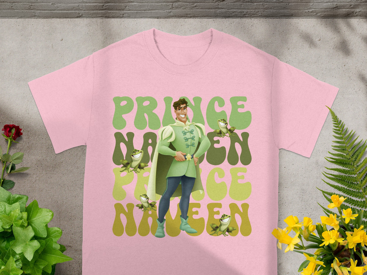 Pink t-shirt with "Prince Charming Nineteen" text and cartoon prince illustration.