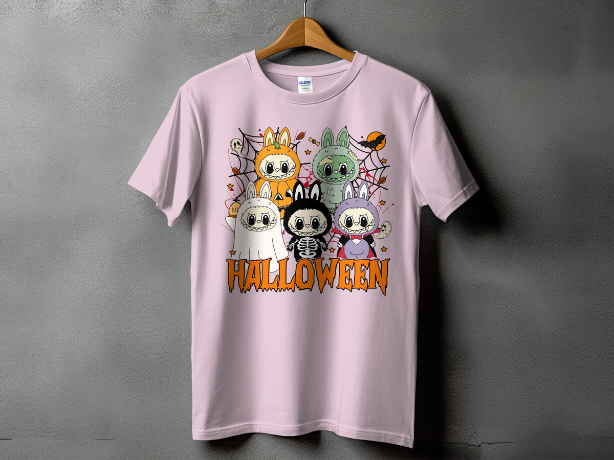 Pink t-shirt with five cute Halloween characters and the word "HALLOWEEN" below.