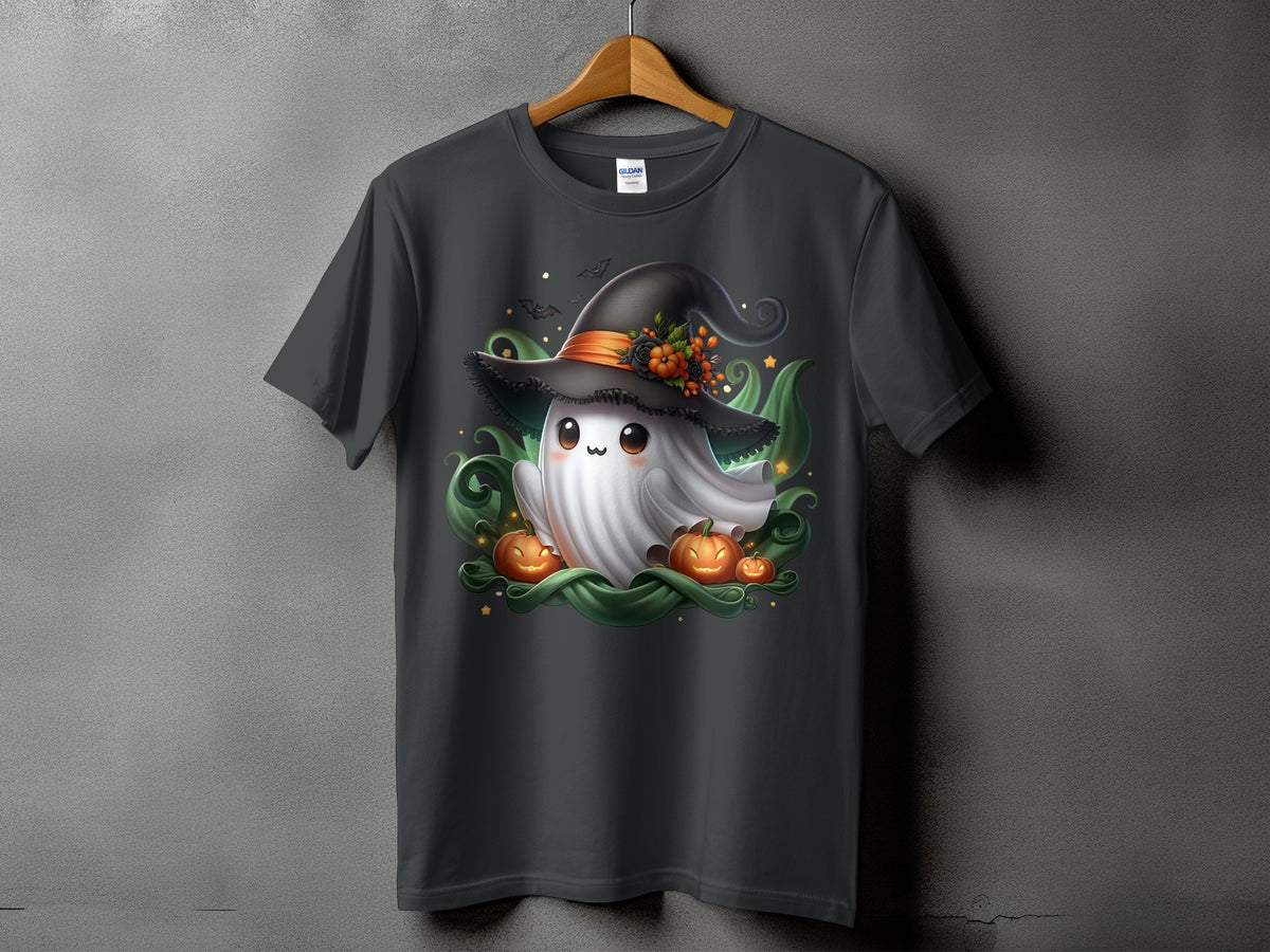 Ghost wearing a witch hat surrounded by pumpkins and green swirls.