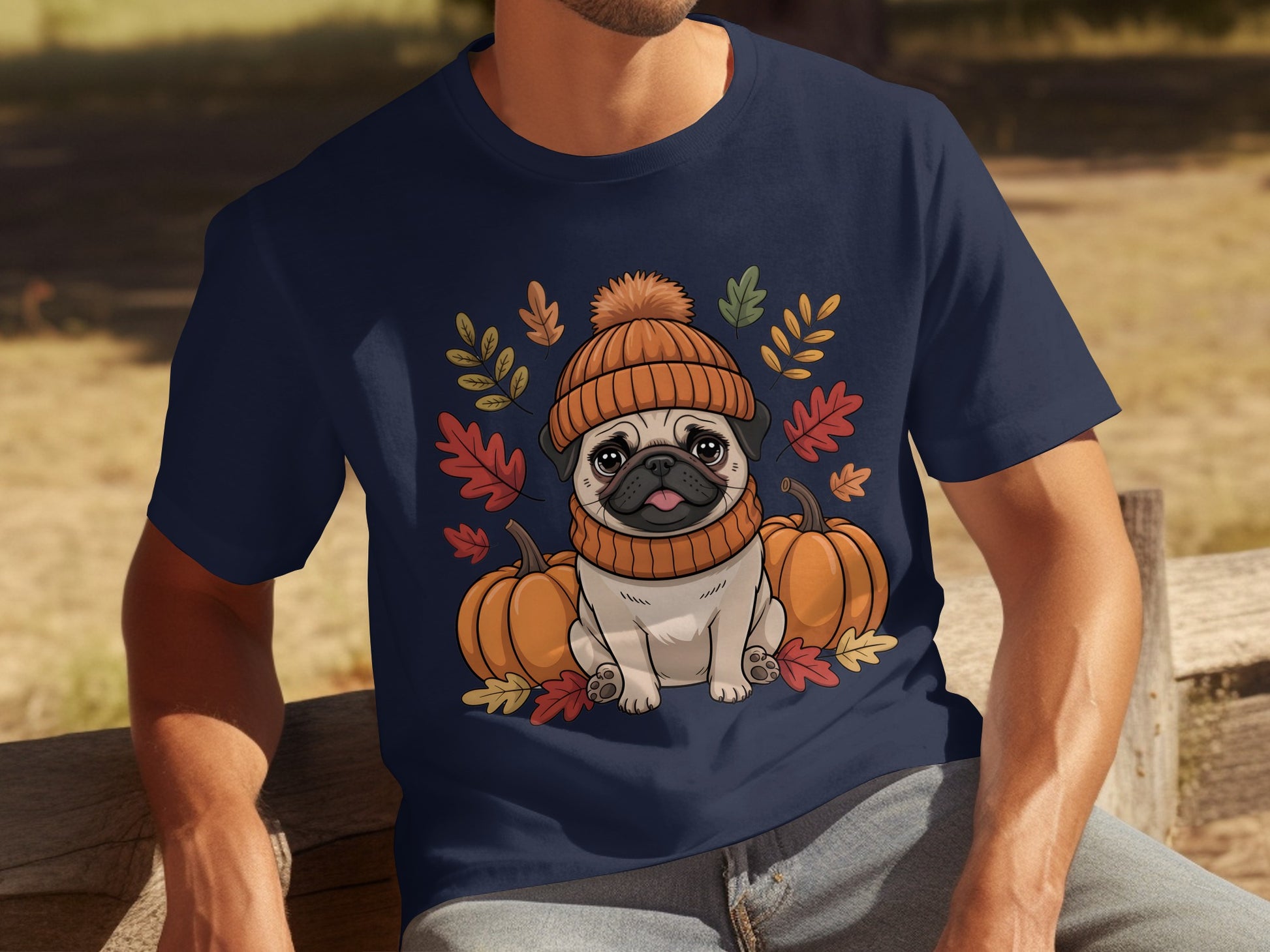 Cute Pug in Autumn with Pumpkins Design T-Shirt