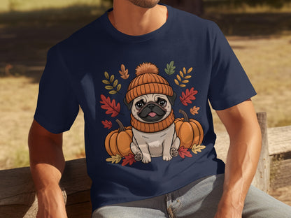 Cute Pug in Autumn with Pumpkins Design T-Shirt