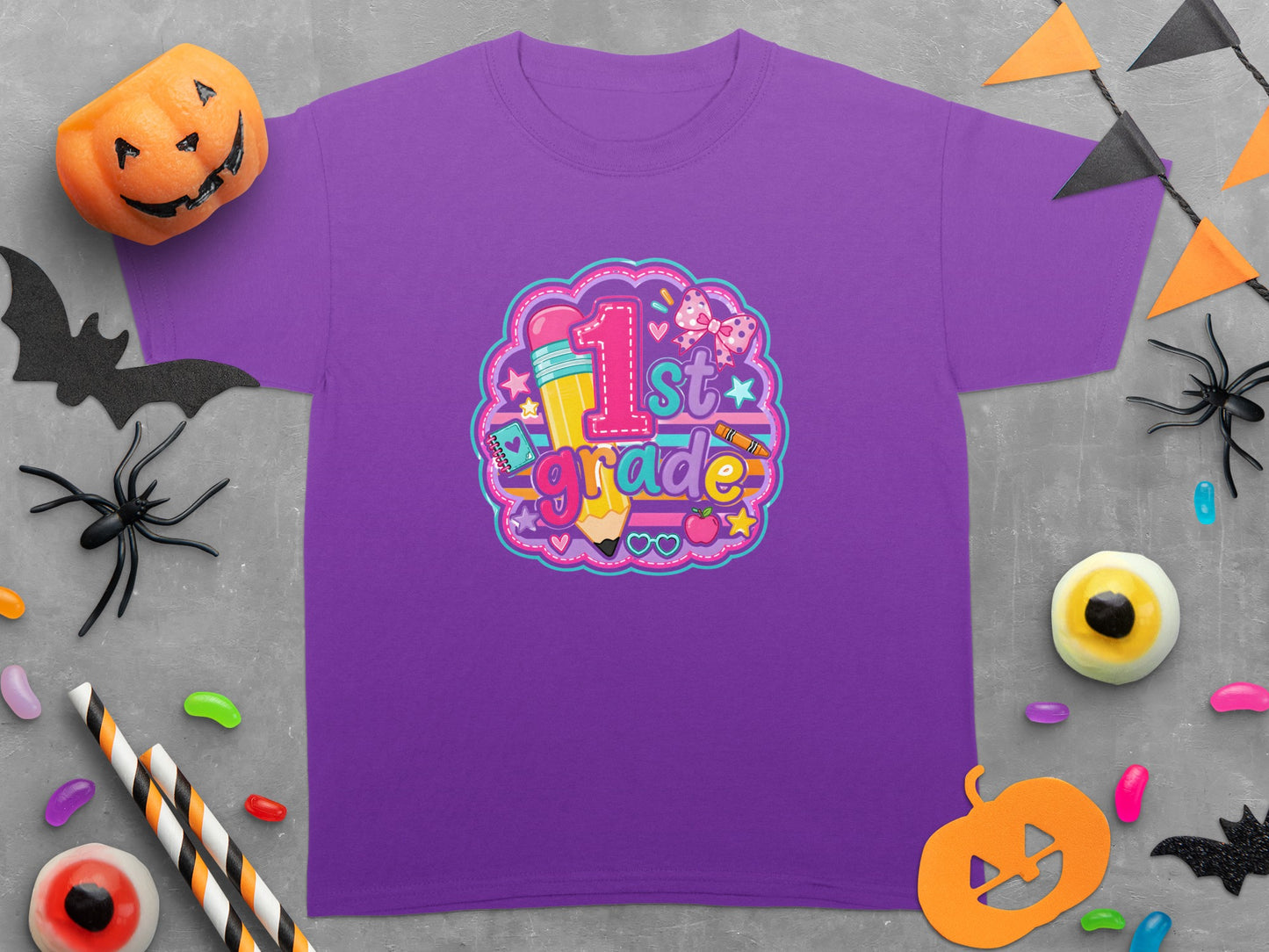 Purple t-shirt with "1st Grade" graphic featuring a pencil, apple, and bow.