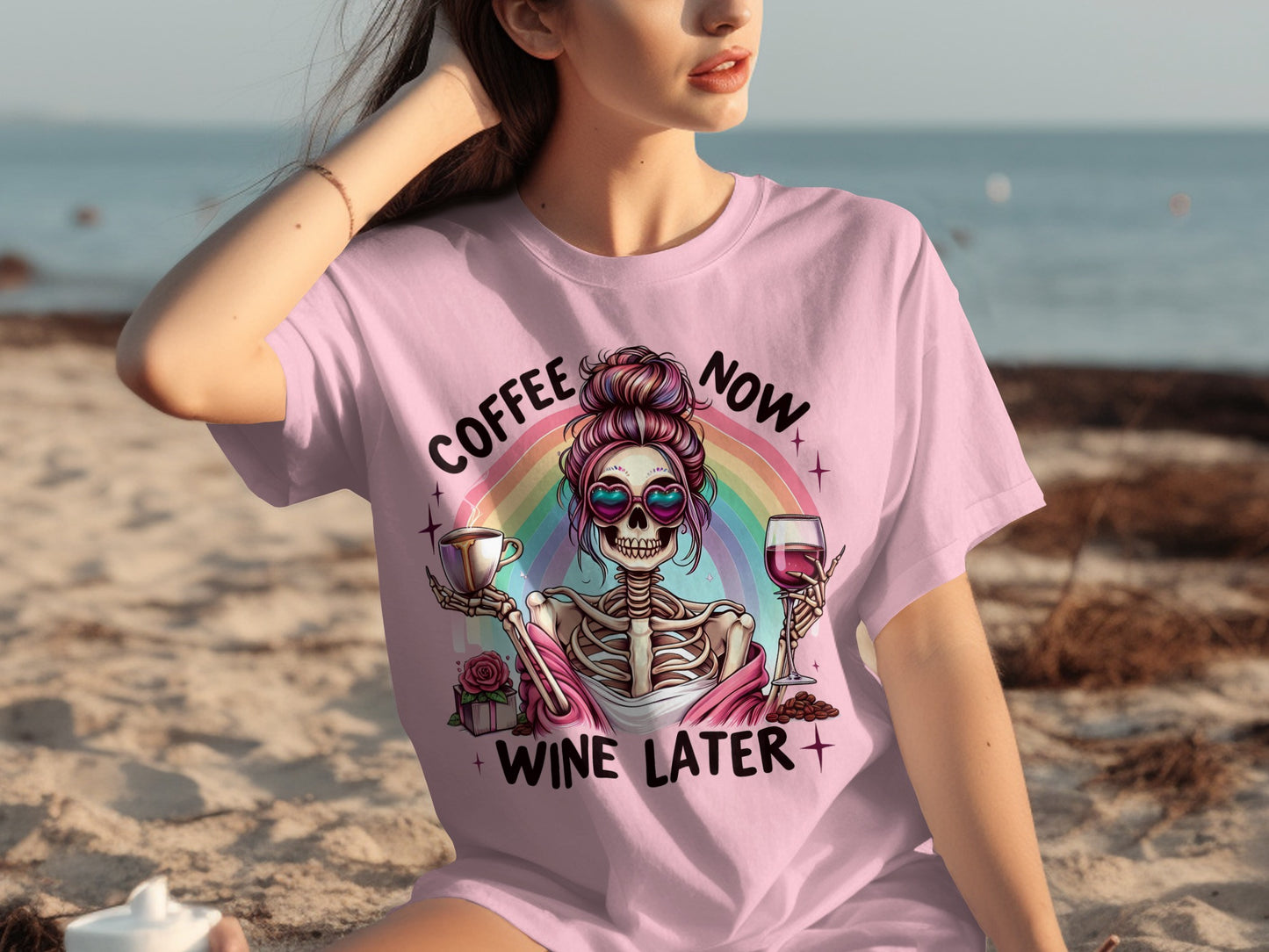 Coffee Now Wine Later Funny Graphic T-Shirt