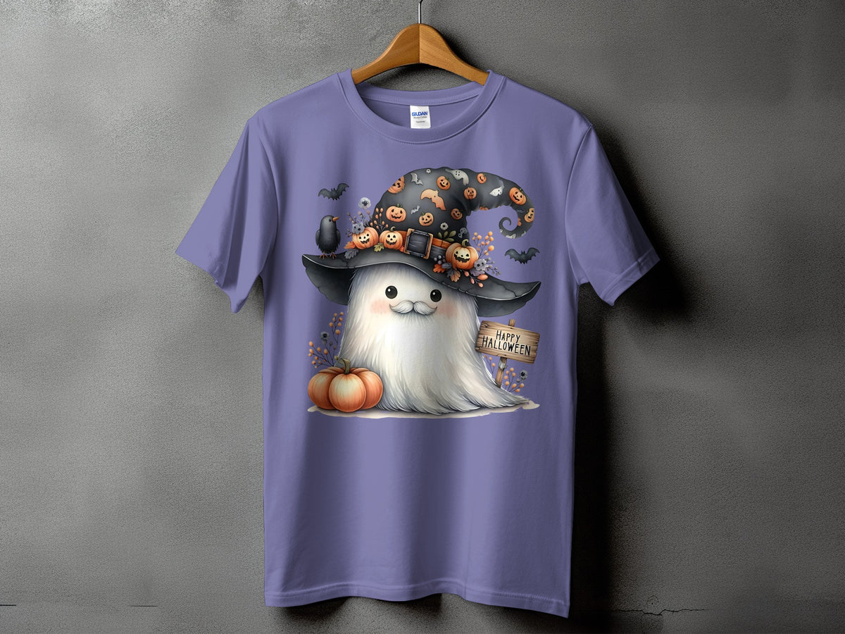 Purple t-shirt with Halloween ghost, witch hat, pumpkins, and "Happy Halloween" sign.