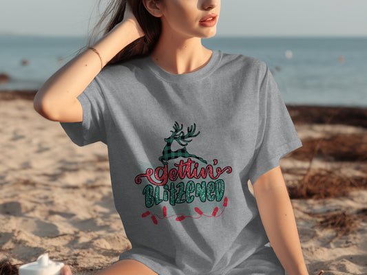 Gettin' Blitzened Festive Reindeer T-Shirt Holiday Fun