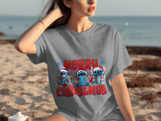 Merry Christmas Stitch Graphic Tee Shirt