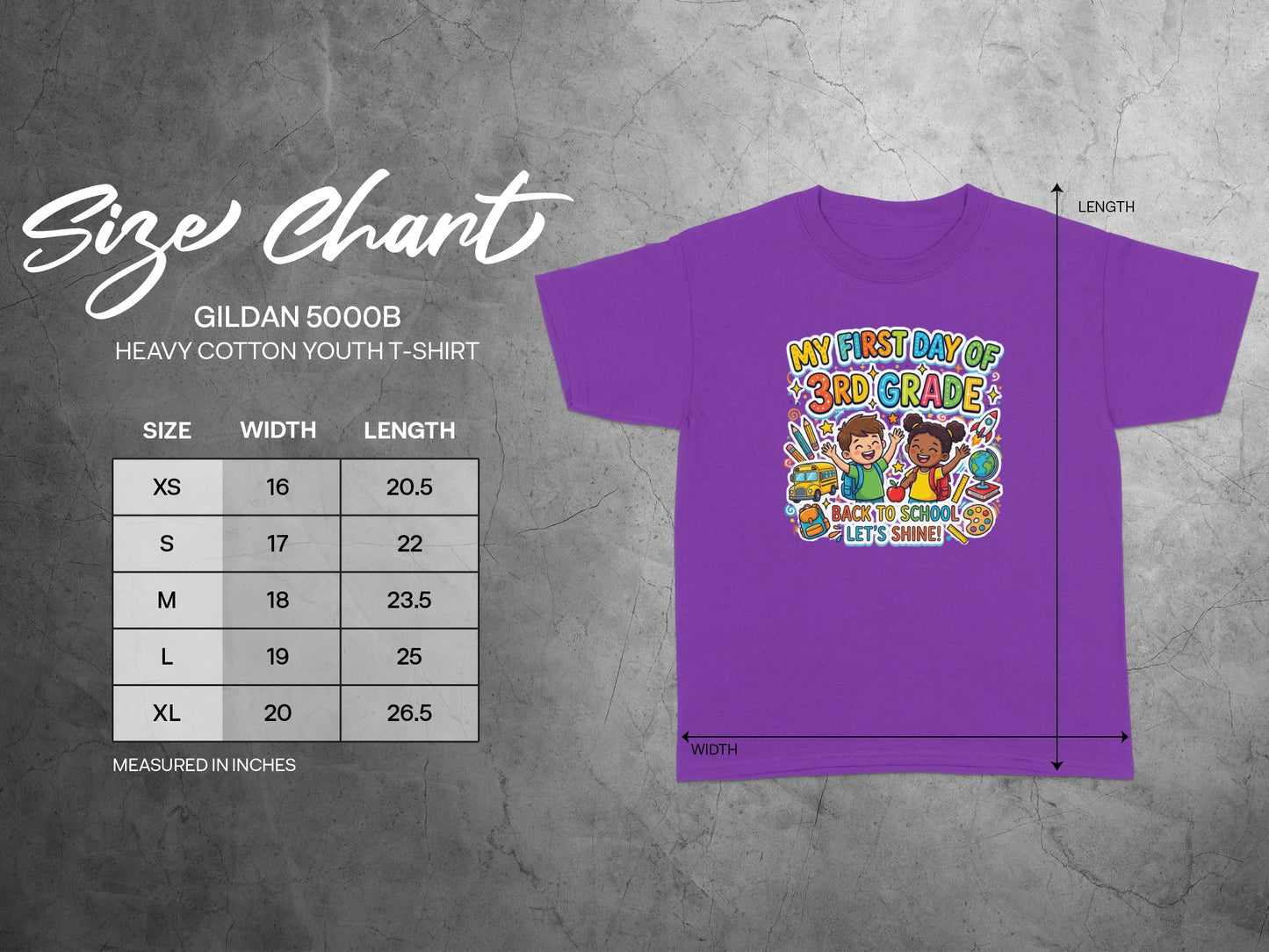 Gildan 5000B youth t-shirt size chart with width and length measurements.