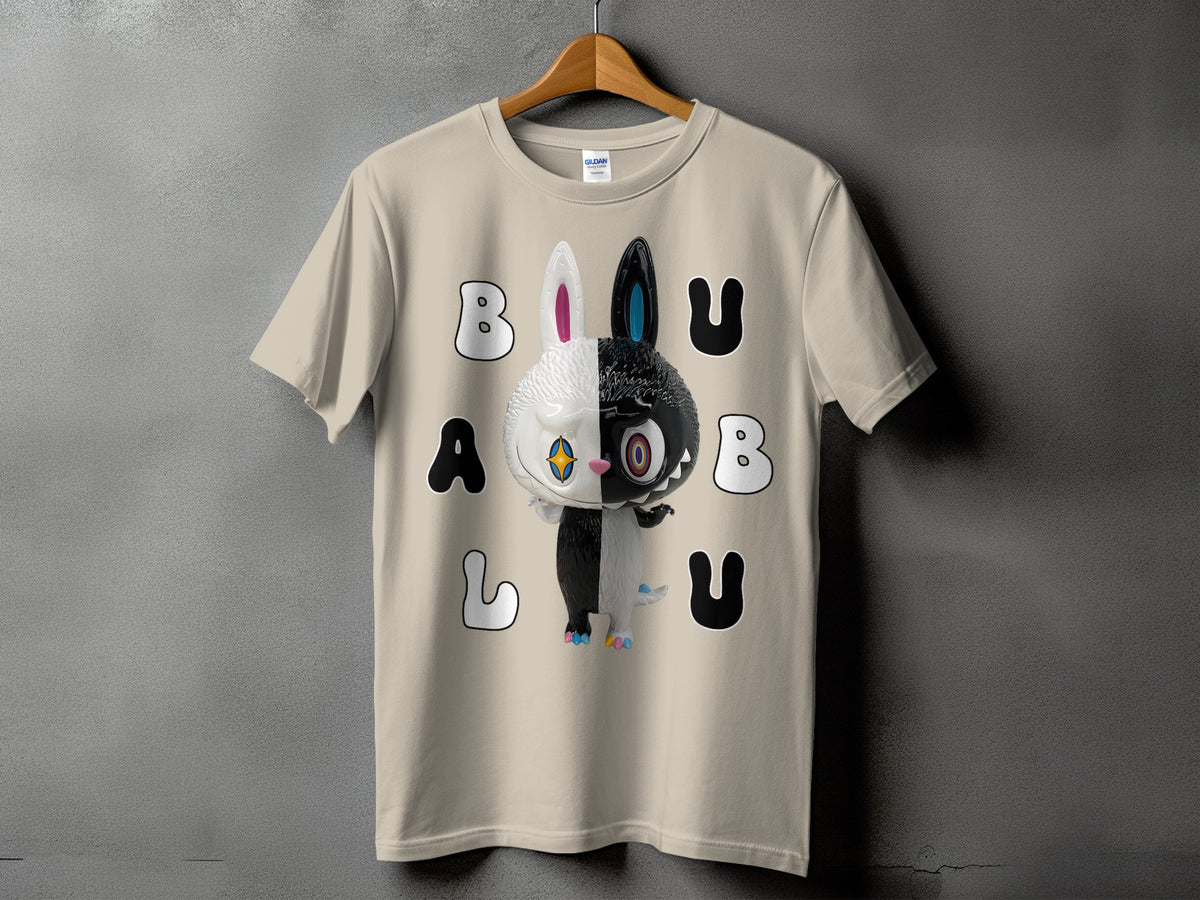 Tan t-shirt with black and white split bunny graphic and "BU BU A L U" text.
