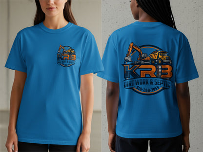 Blue t-shirt featuring a KRB Dirt Work & Septic logo with heavy machinery and phone number.