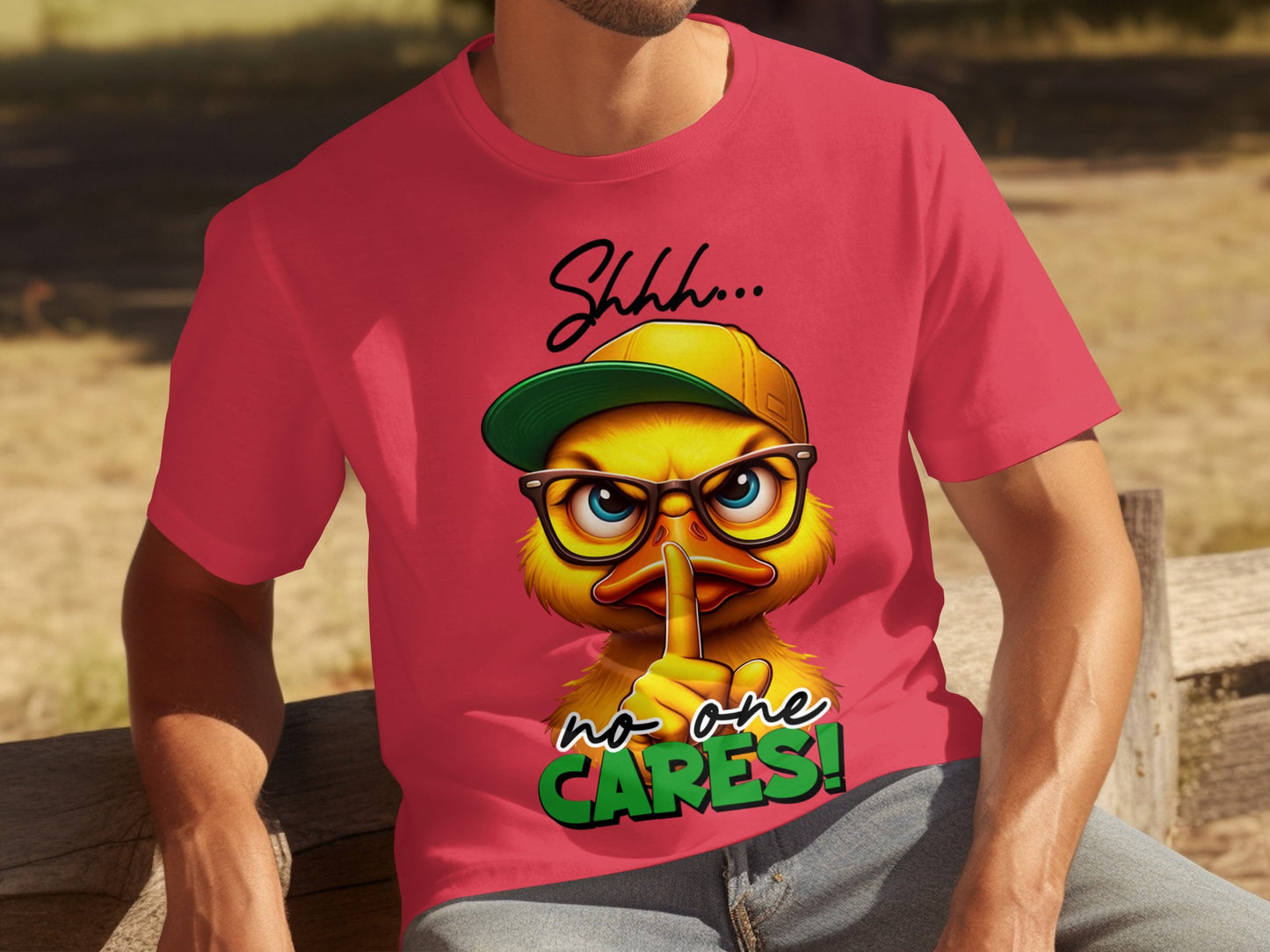 Shhh No One Cares Cartoon Duck Graphic T-Shirt