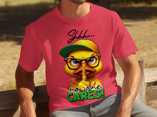 Shhh No One Cares Cartoon Duck Graphic T-Shirt
