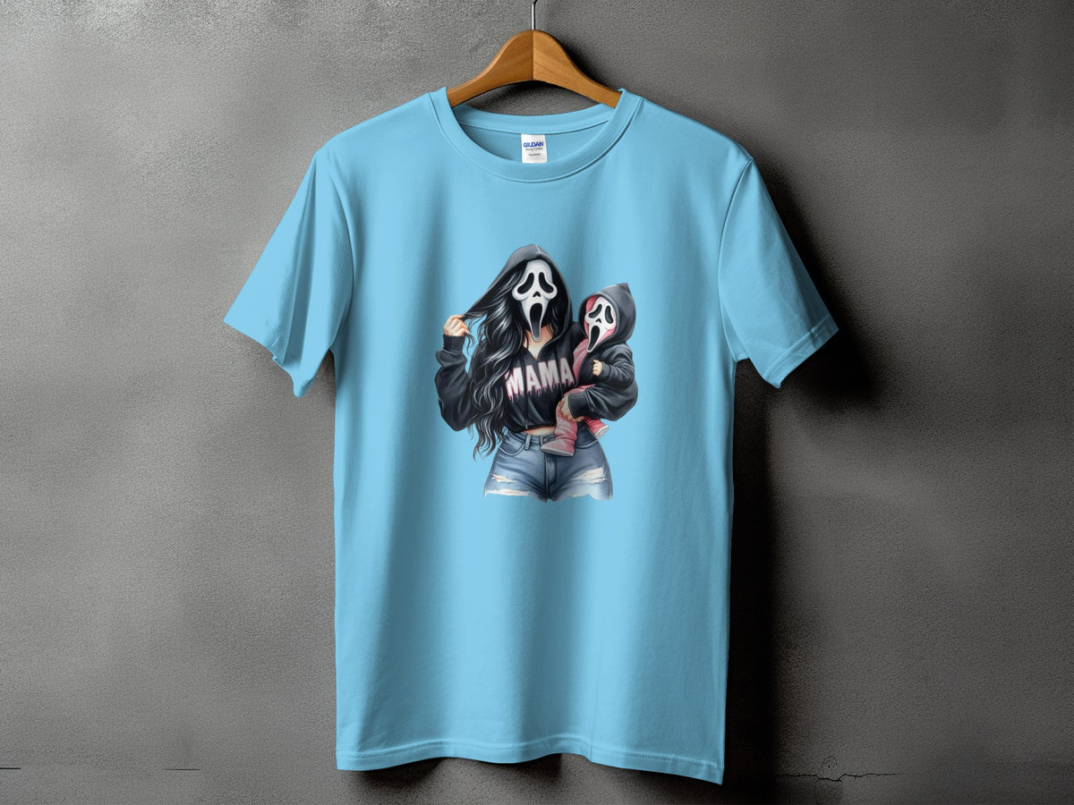 Light blue t-shirt featuring a graphic of a woman and child in Ghostface masks, with "MAMA" text.