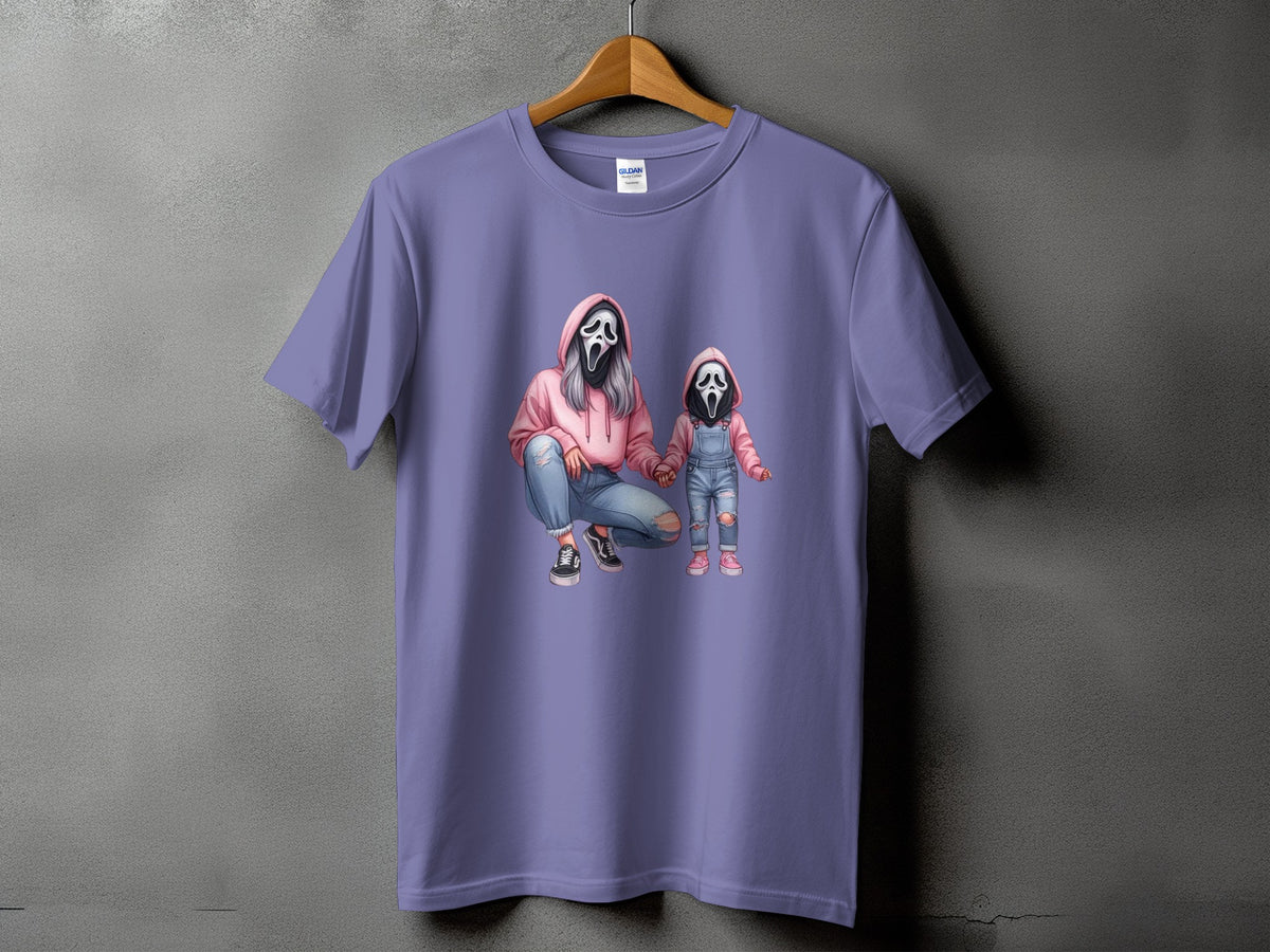 Ghostface mother and child graphic on a purple Gildan t-shirt.