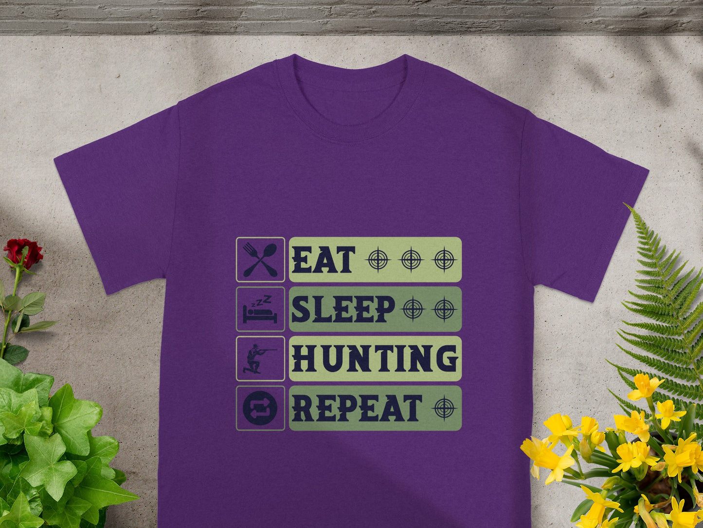 Purple t-shirt with "Eat Sleep Hunting Repeat" text and icons.
