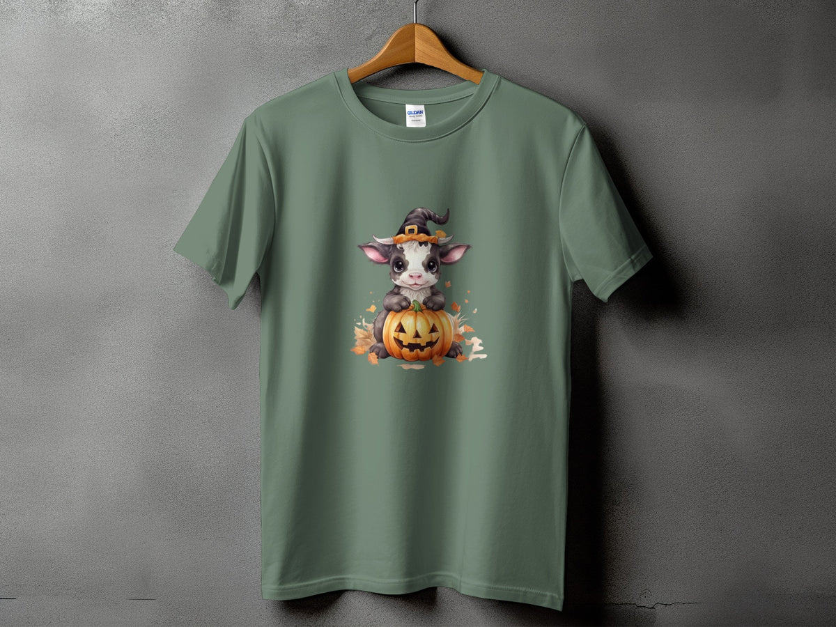 T-shirt with a cartoon cow wearing a witch hat on a pumpkin.