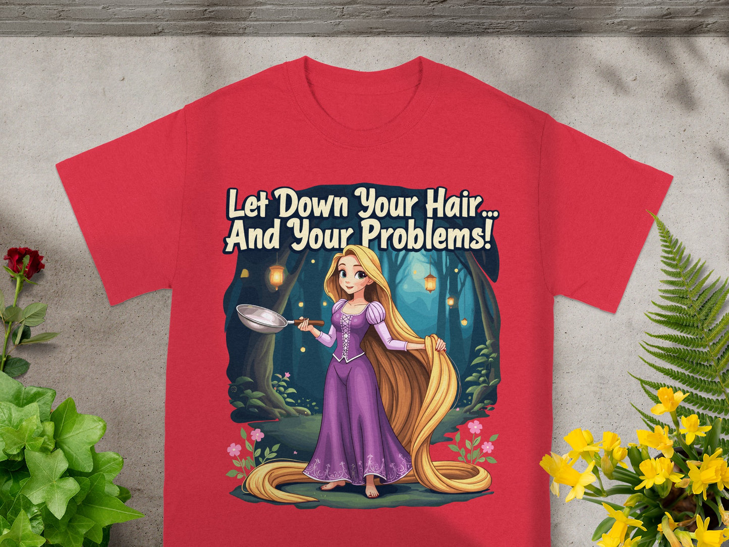 Rapunzel in purple dress with long blonde hair holding frying pan, with text "Let Down Your Hair... And Your Problems!".