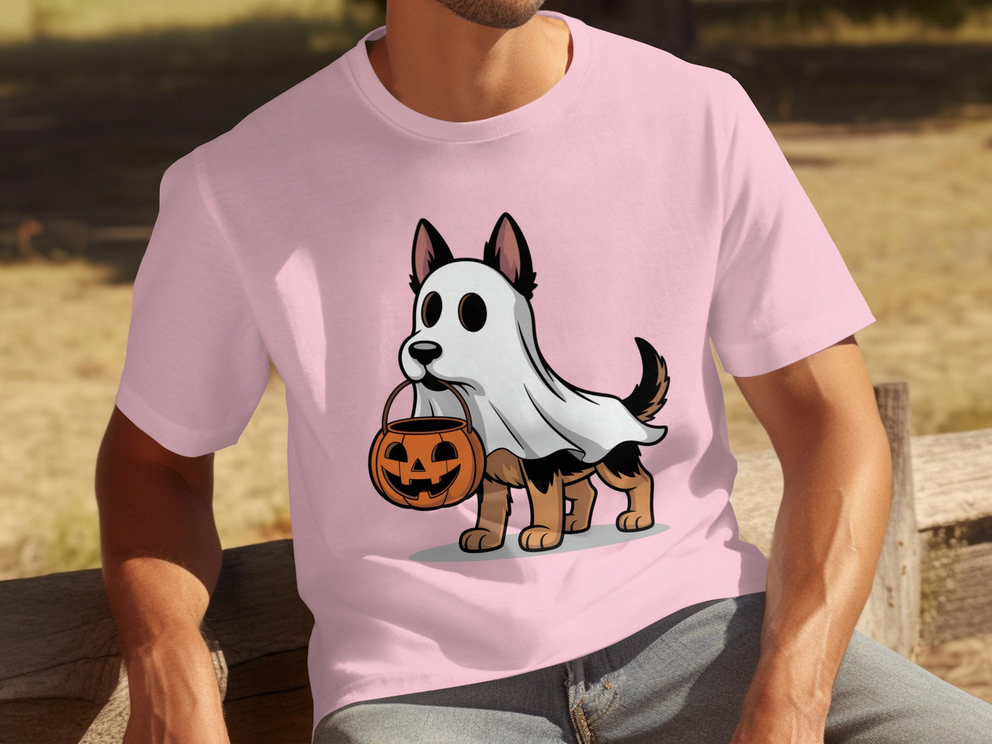 Halloween Ghost Dog with Pumpkin Pink T-shirt
