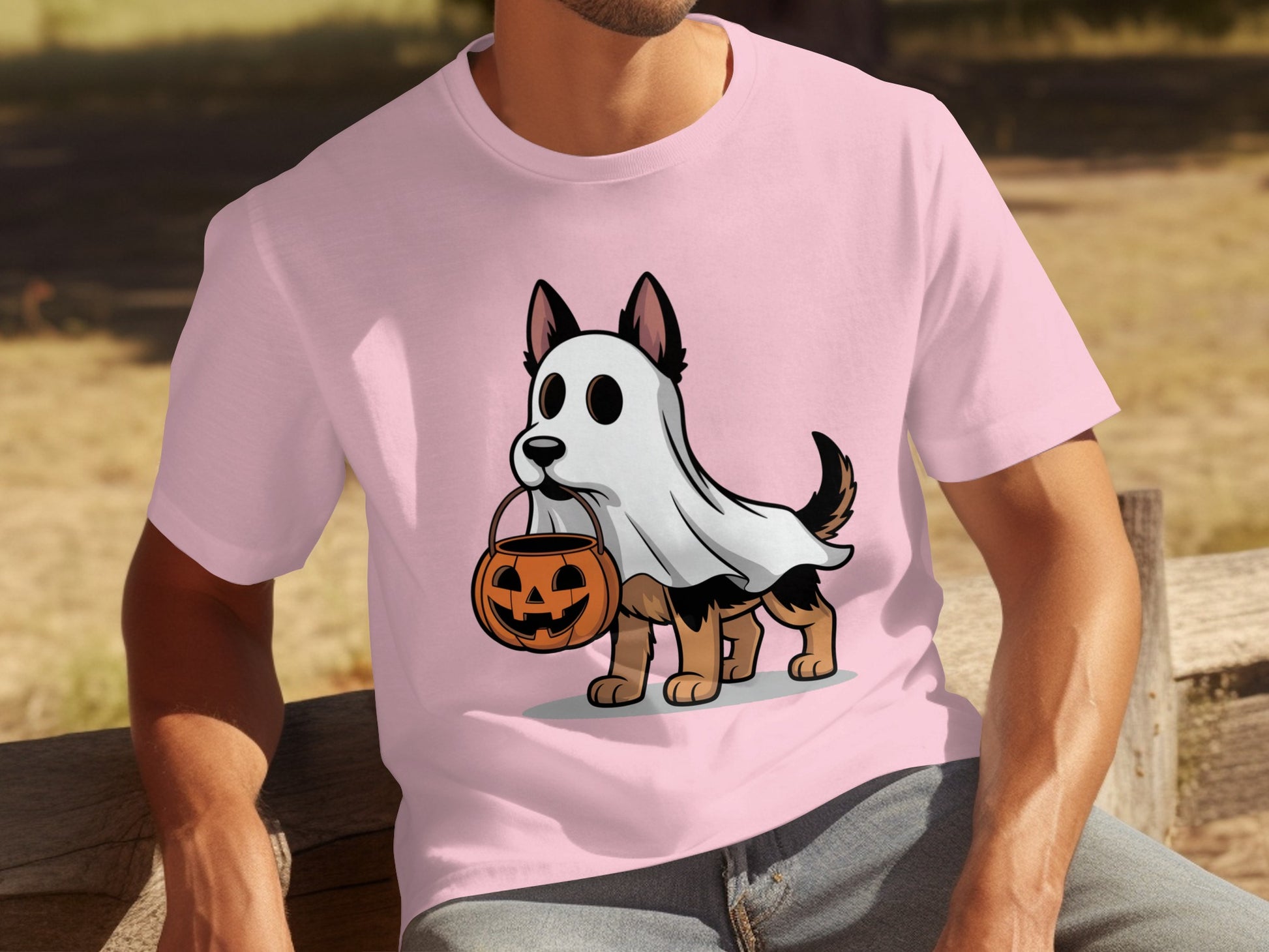 Halloween Ghost Dog with Pumpkin Pink T-shirt
