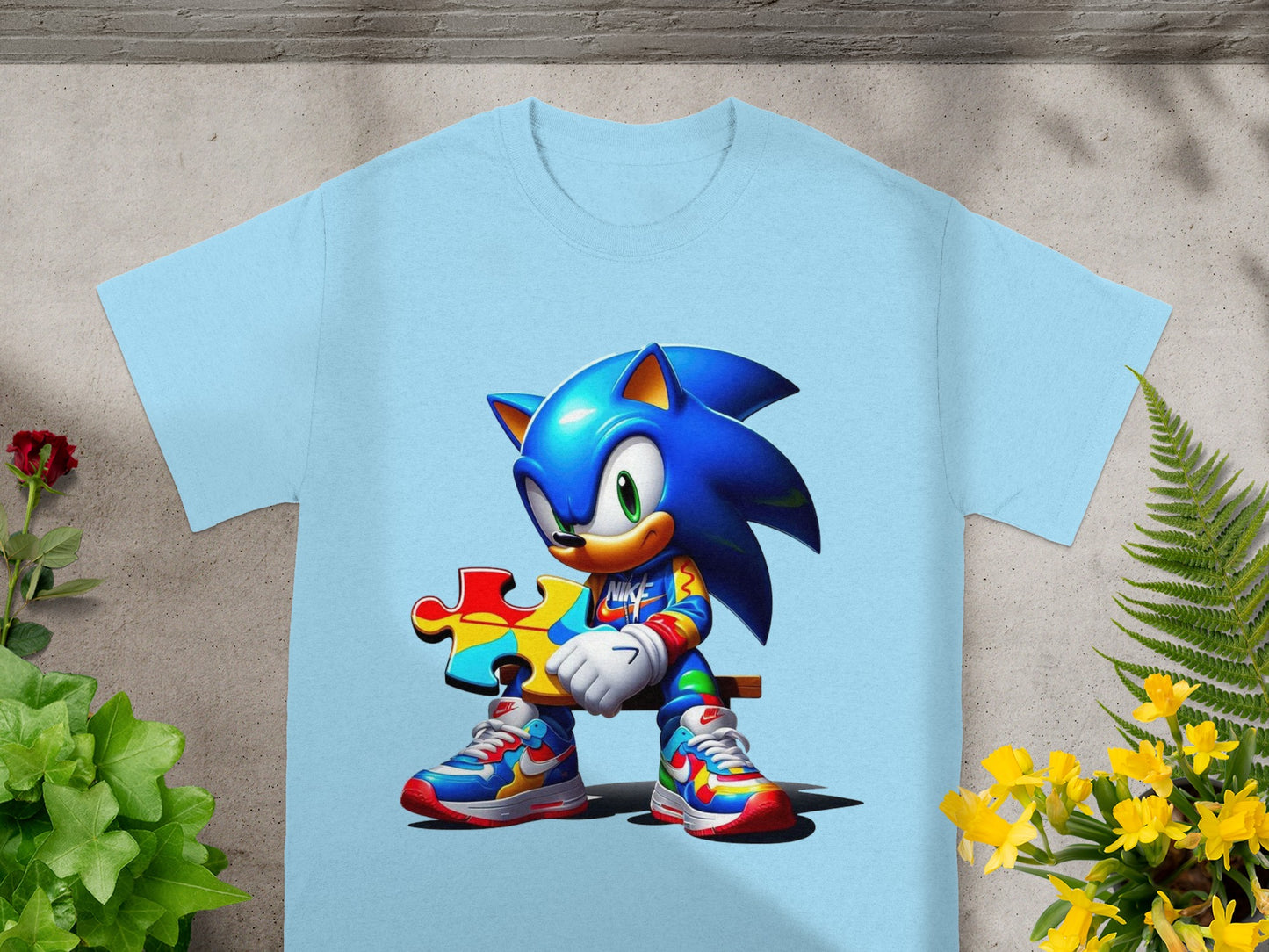 Blue t-shirt with Sonic the Hedgehog holding a puzzle piece.