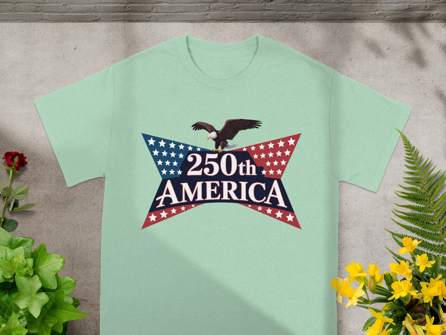 Light mint t-shirt with patriotic 250th America eagle design.