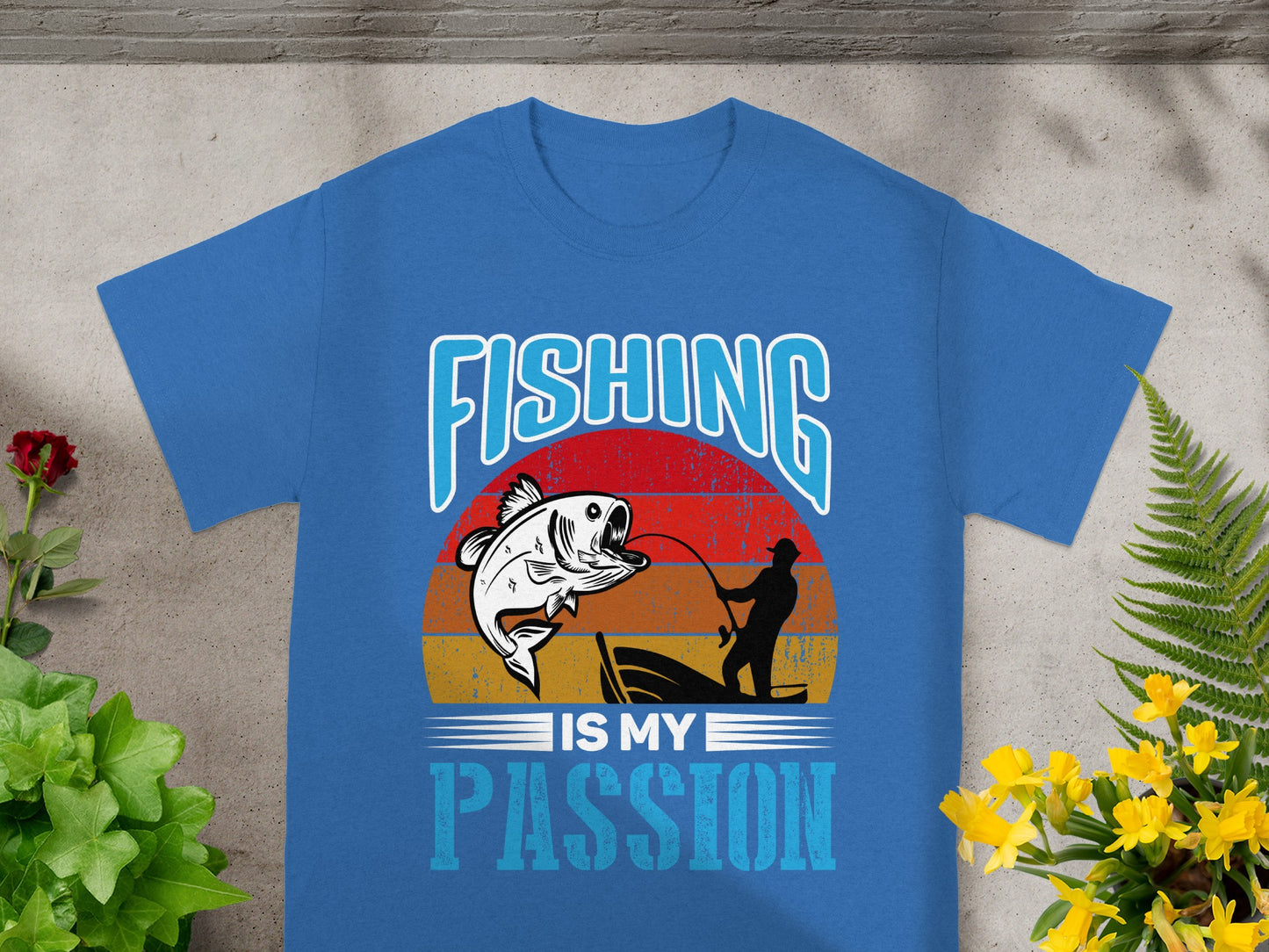 Blue t-shirt with "FISHING IS MY PASSION" text and a fish biting a line.