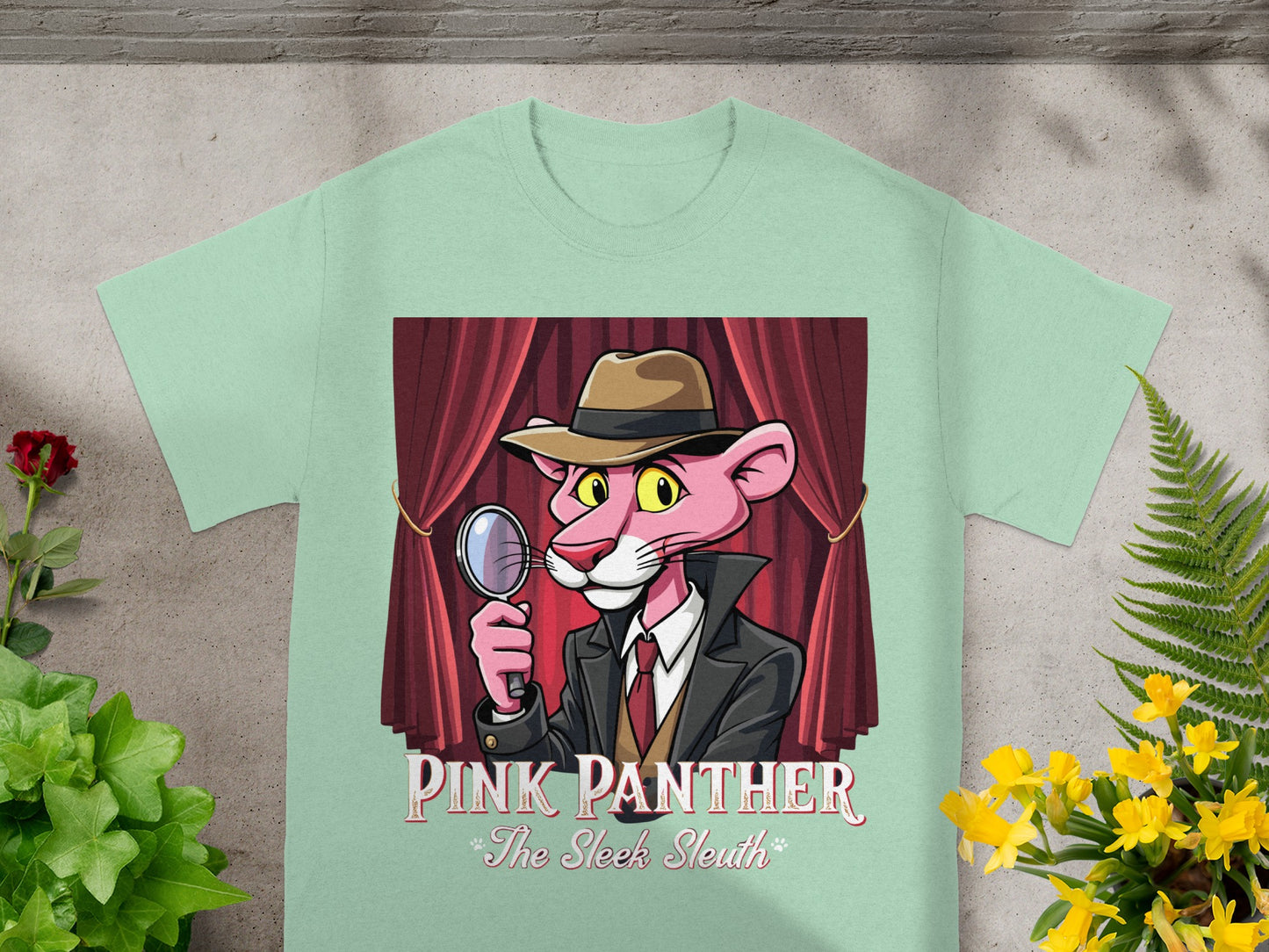 Pink Panther in a suit and fedora holding a magnifying glass, "Pink Panther, The Sleek Sleuth" title.