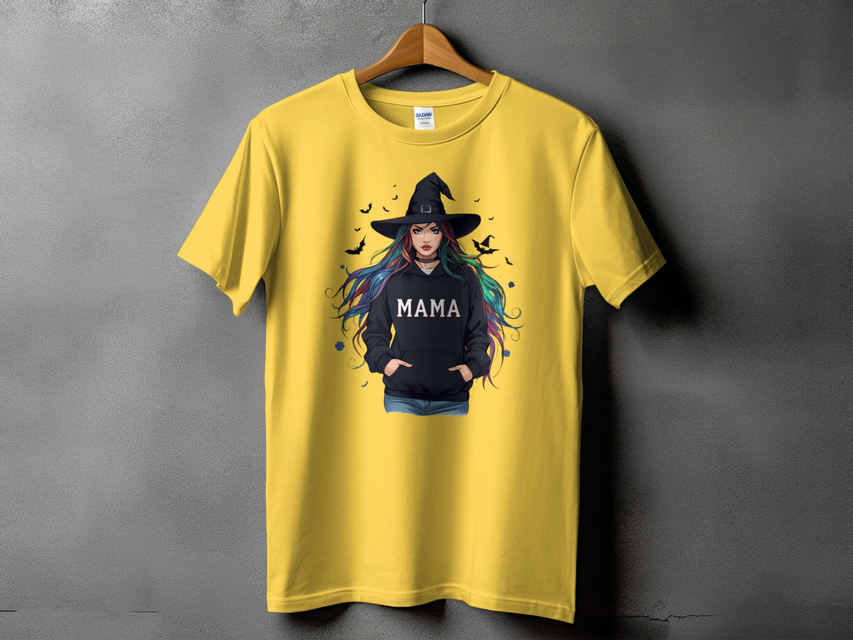 Yellow t-shirt with graphic of witchy woman and text "MAMA".