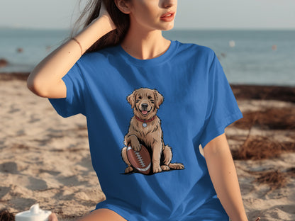 Cute Golden Retriever Holding Football Shirt