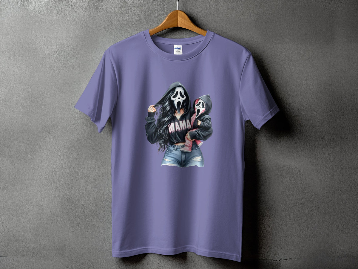 Purple t-shirt with graphic of woman and child in Scream masks, text "MAMA".