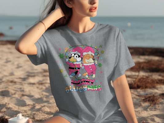 Merry Bluemas Holiday Cartoon Graphic T-Shirt