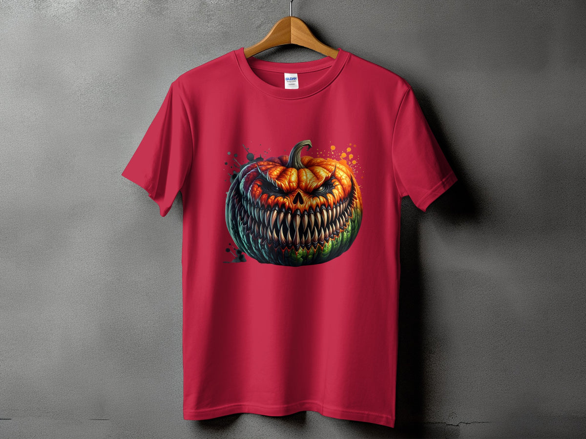 Red t-shirt featuring a detailed, menacing jack-o'-lantern with sharp teeth.