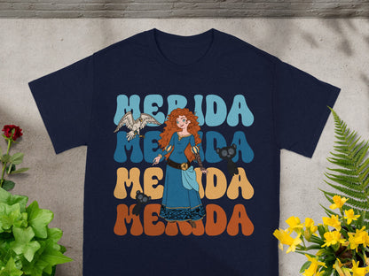 Merida with animals on navy t-shirt with retro text.