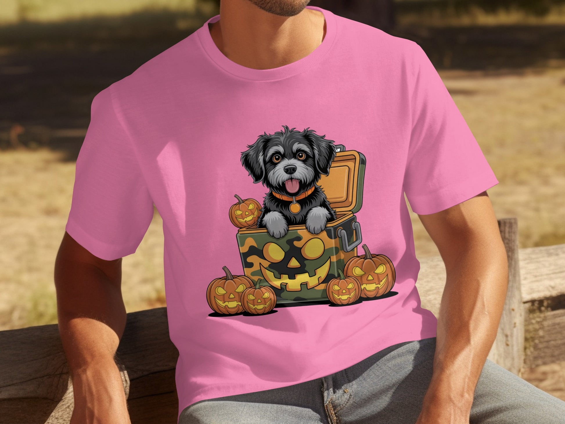 Cute Halloween Dog with Pumpkins Pink T-shirt