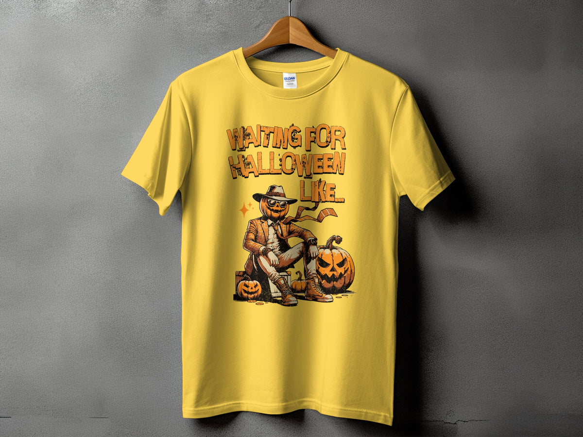 Yellow t-shirt with "Waiting For Halloween Like..." text and a pumpkin character.