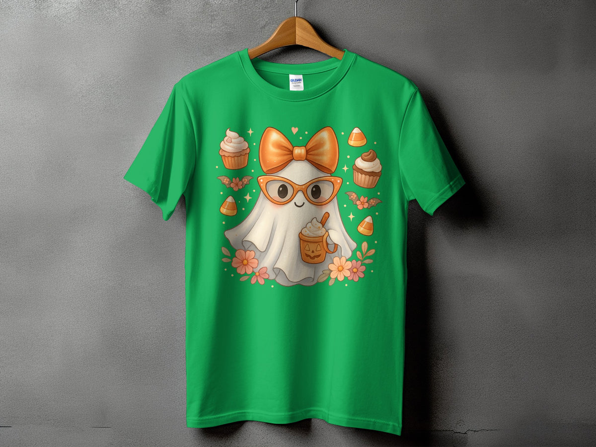 Green t-shirt with a cute ghost wearing glasses and holding a pumpkin spice latte.
