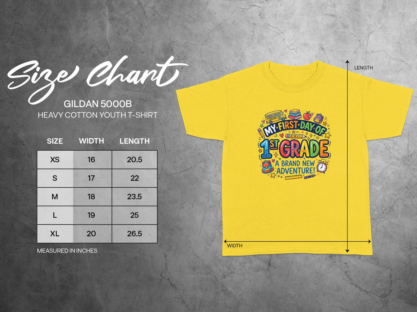 Gildan 5000B youth t-shirt size chart with width and length measurements.