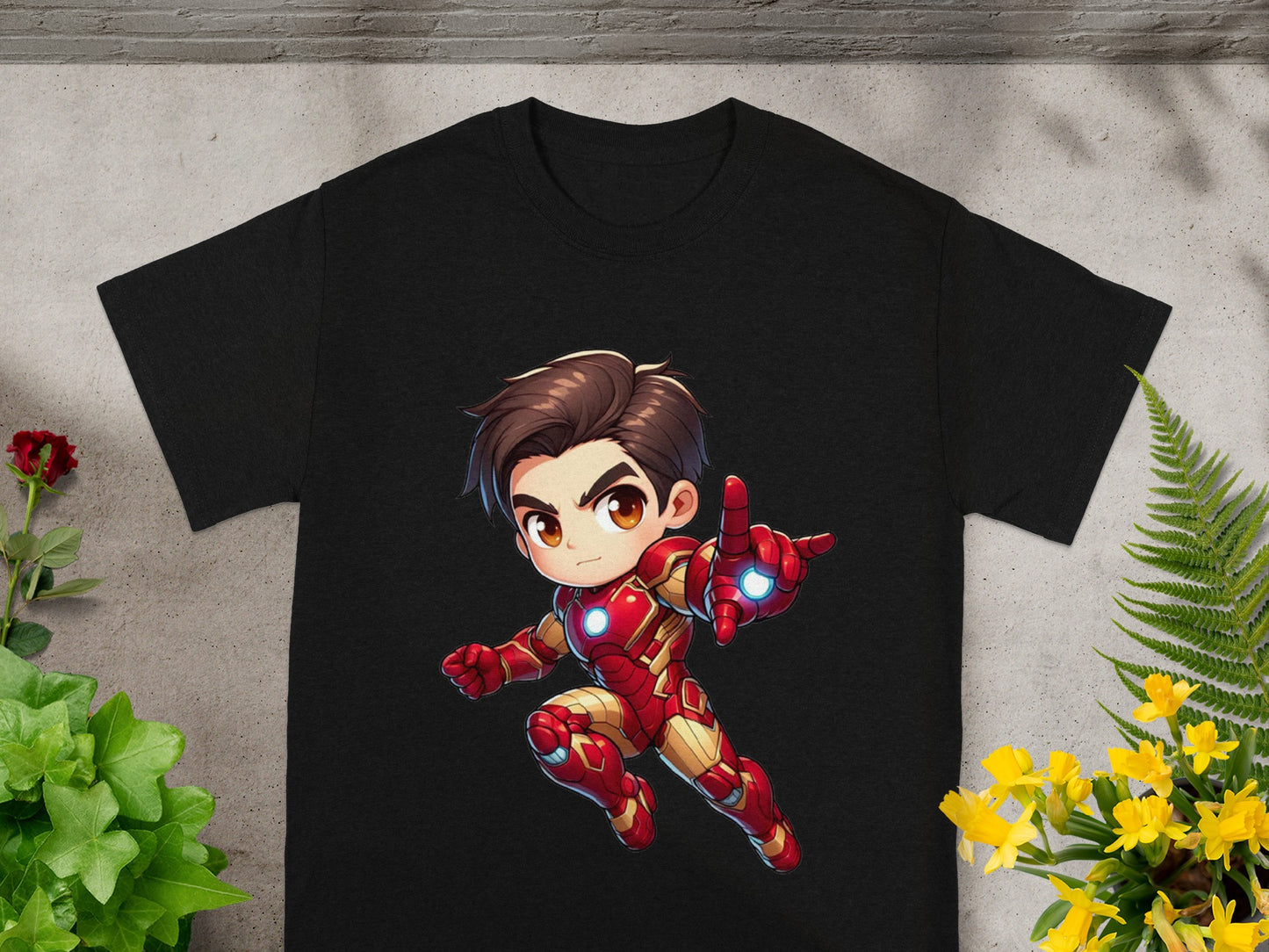 Chibi Iron Man graphic on a black t-shirt.