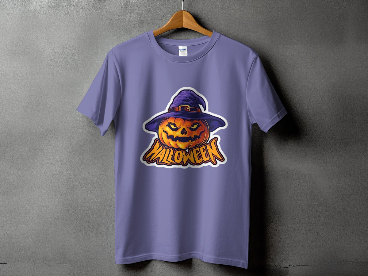 Purple t-shirt with a Halloween pumpkin wearing a witch hat graphic.