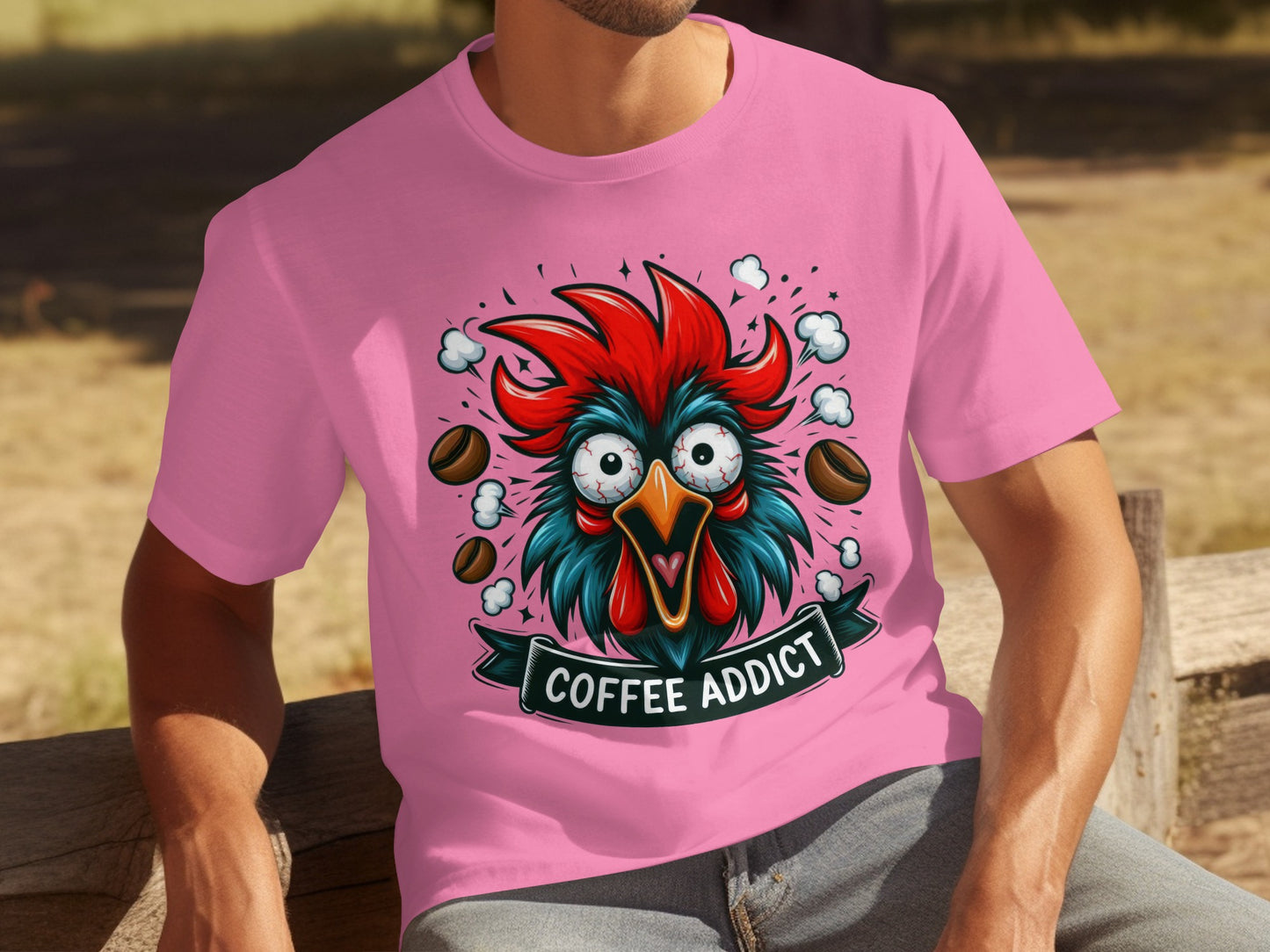 Coffee Addict Rooster Graphic Pink T-shirt product