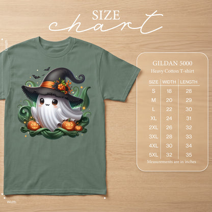 Ghost in witch hat with pumpkins, Gildan 5000 t-shirt size chart.